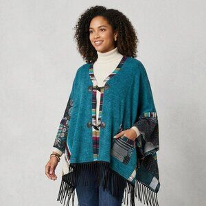 Southwestern Boho Fringed Poncho Wrap Size Large